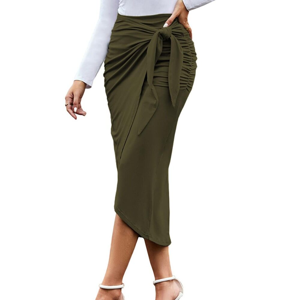 9622 Skirts Stretch Below Knee Office High Waist Pencil Skirt Army Green S